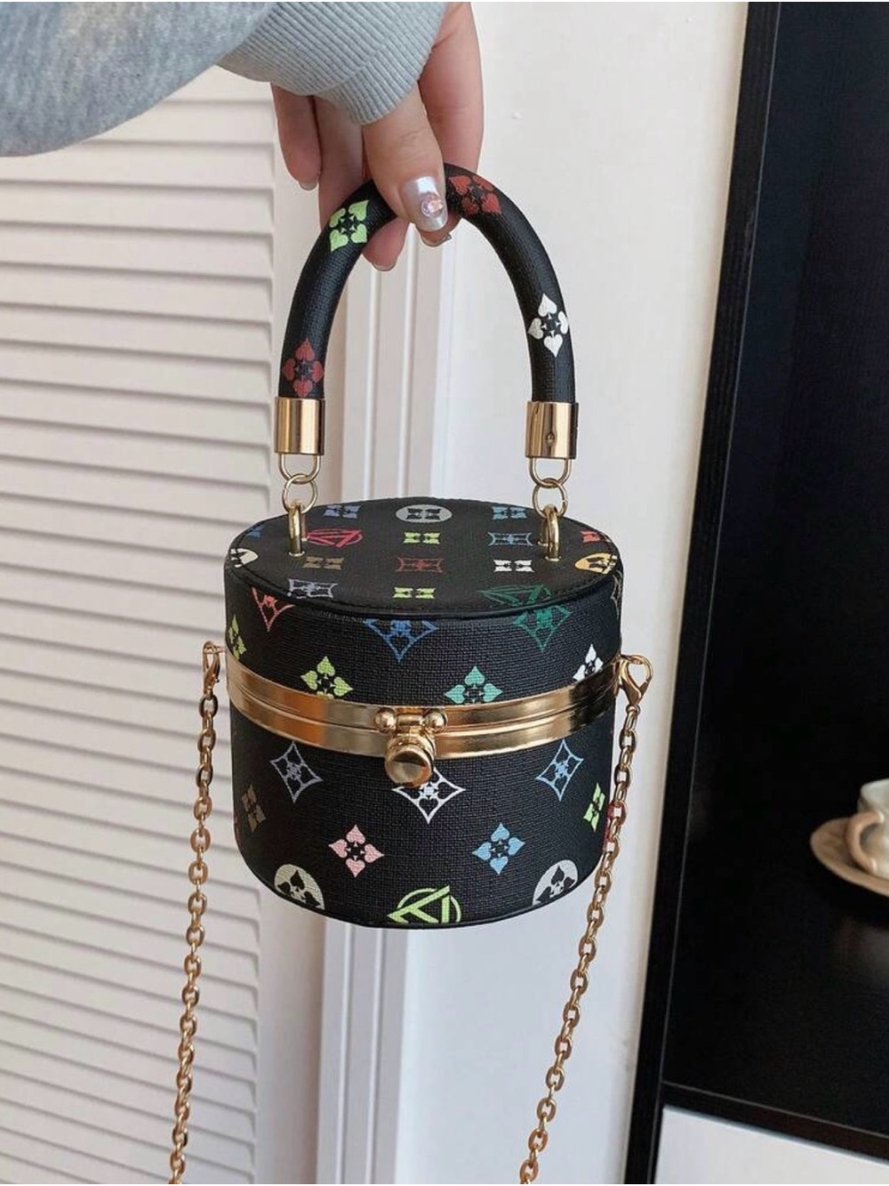 Luxury Black Multicolor Logo Print Handbag with Gold Hardware - Picture 9 of 9